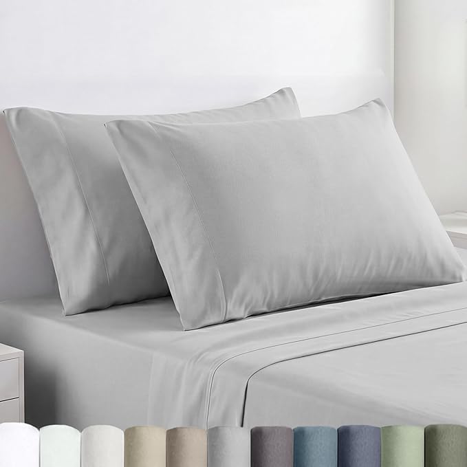 California Design Den 100% Egyptian Cotton Pillowcases King Size Set of 2 - Crisp Percale Feel, Soft & Breathable Bed Pillow Cases - Light Grey