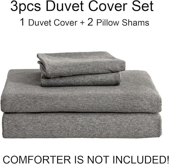 PURE ERA Jersey Knit Duvet Cover Set 100% T-Shirt Cotton Super Soft Comfy 3pc Bedding Set with Zipper Closure (Heather Dark Grey,Full)