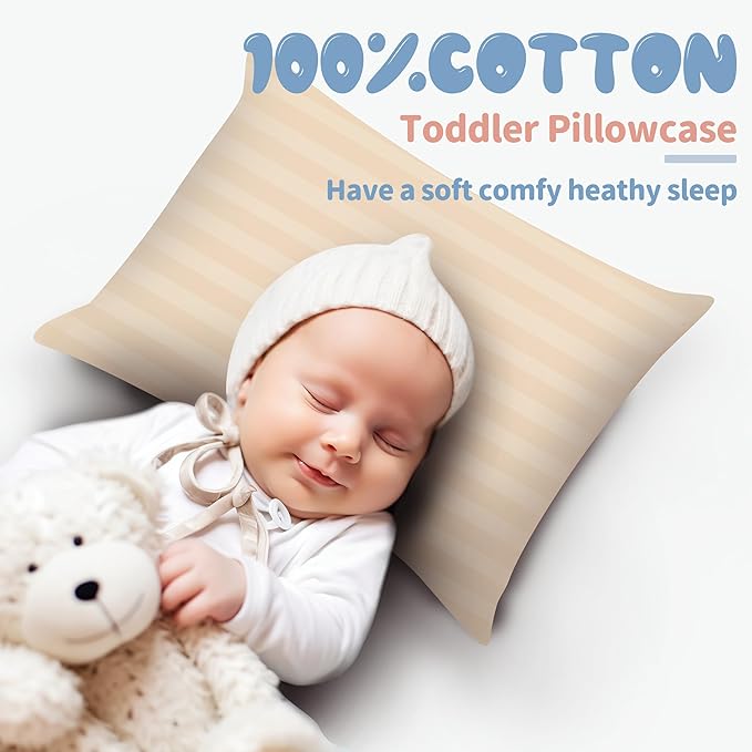 100% Egyptian Cotton Toddler Pillowcases Set of 2, 400 Thread Count Sateen Weave Small Pillow Protectors, Super Soft Breathable Zippered Pillow Covers 13x18 Inches (Stirpe Beige, Toddler)