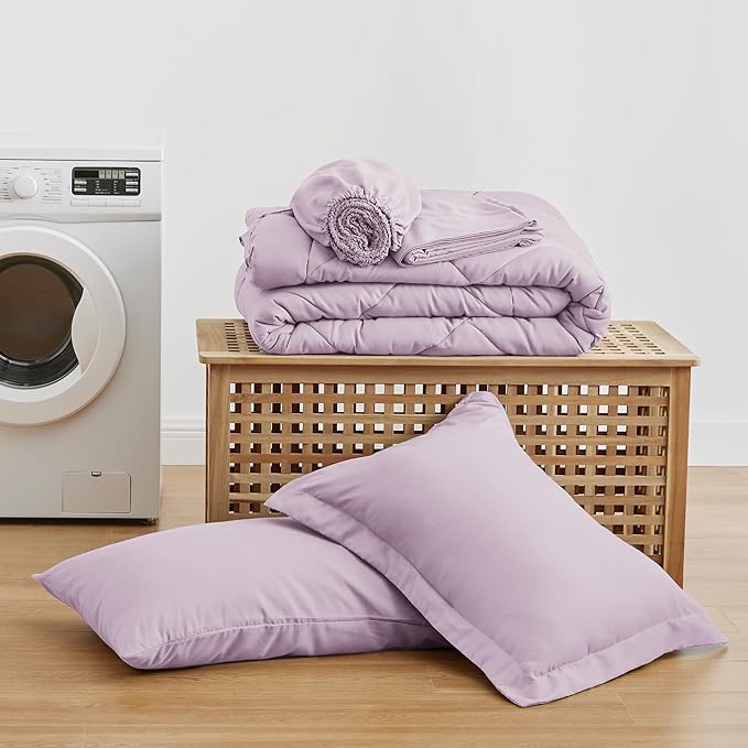 Love's cabin Twin XL Comforter Set Light Purple, 5 Pieces Twin XL Bed in a Bag, All Season Bedding Sets with 1 Comforter, 1 Flat Sheet, 1 Fitted Sheet, 1 Pillowcase and 1 Pillow Sham | Soft, Breathable, Lightweight, Comfortable