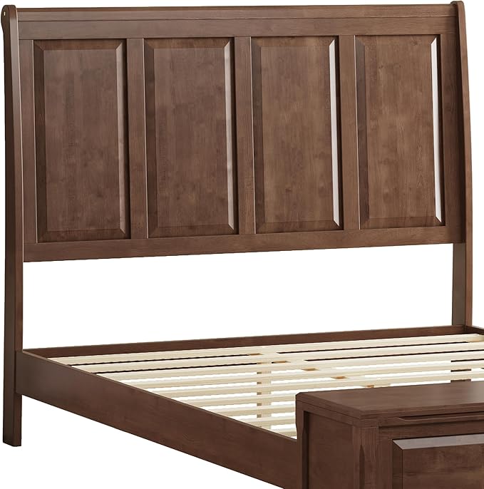 KEIKI Queen Size Bed Frame with Storage Bench, Solid Wood Sleigh Bed with High Headboard and 64" Storage Chest, Rubberwood Platform Bed, No Box Spring Required, Walnut Brown