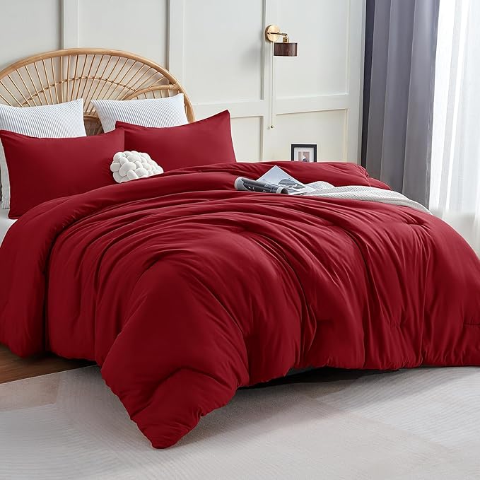 CozyLux Oversized King Comforter Set Dark Red, 3 Pieces 120x98 Solid Breathable Quilted Bedding Sets for All Seasons, Luxury Soft Lightweight Bed Set with Down Alternative Comforter and 2 Pillowcases