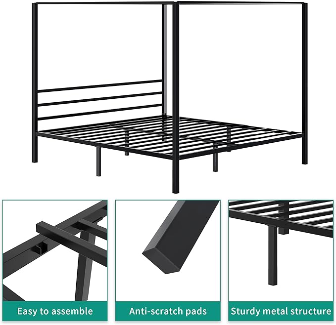 YITAHOME Canopy Bed Frame Queen Size Metal Four Posters 14 Inch Platform with Built-in Headboard Strong Metal Slat Mattress Support, No Box Spring Needed, Black