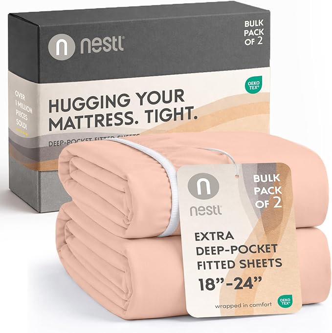 Nestl 2 Pack Blush Pink Fitted Sheet Extra Deep Pocket, Hotel Luxury Twin XLFitted Sheet Only Easily Fits 18 to 24 Inch Mattress, Super Soft, Wrinkle-Free and Breathable with Corner Straps