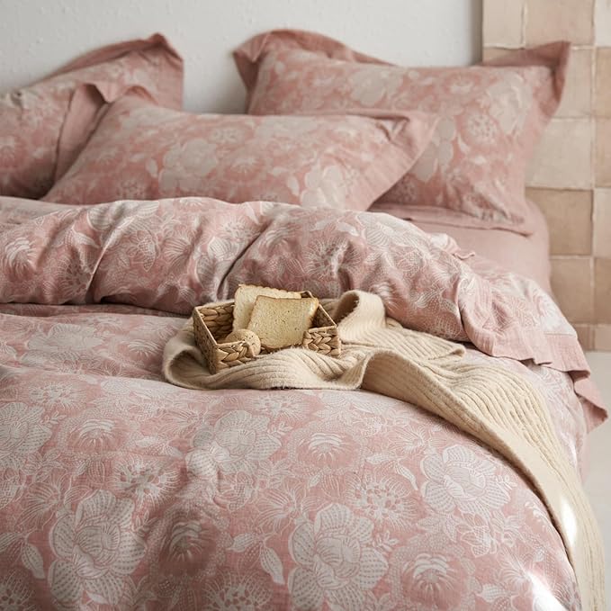 VM VOUGEMARKET Jacquard Floral Duvet Cover Set King,Yarn-Dyed Cotton Blush Pink Flower Duvet Cover Bordered,Vintage Garden Style Bedding Set King Size 3 Pieces