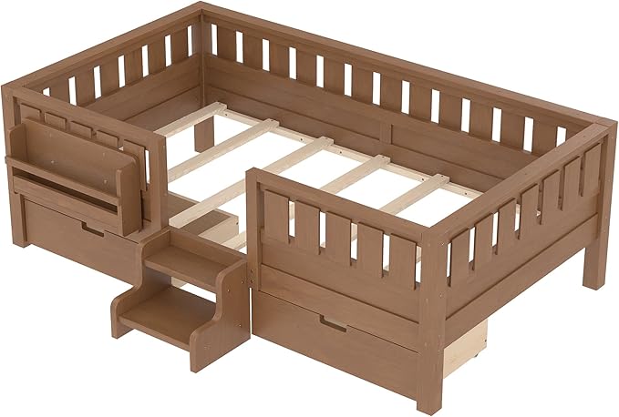 Bellemave Twin Bed with Storage Drawers & Bookshelf, Low Profile Kids Bed Frame with Staircase & Full Length Guardrails, Wood Twin Bed for Kids with Slats Load 300LBS, Easy Assembly, Oak Brown