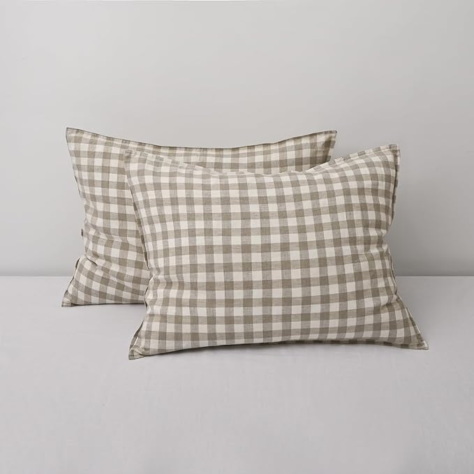 CHUFFED 100% French Linen Pillow Cases Standrad Size Set of 2, Stone Washed Flax Pillow Shams with Zipper Closure - Breathable & Cooling for Hot Sleepers,20x26 Inches,Linen Plaid