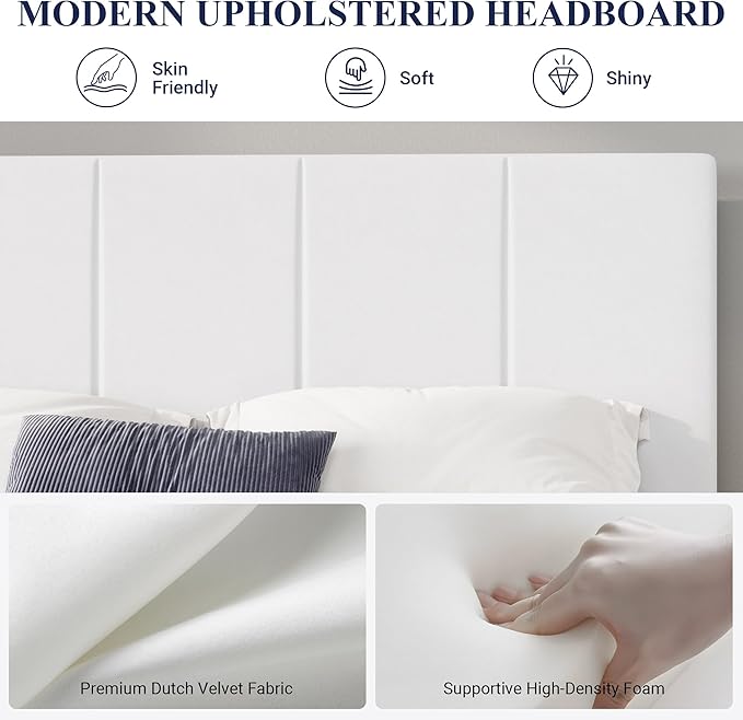 Allewie Queen Size Dutch Velvet Upholstered Platform Bed Frame/Vertical Channel Tufted Adjustable Headboard/Low Profile Bed Frame/No Box Spring Needed/Easy Assembly/White