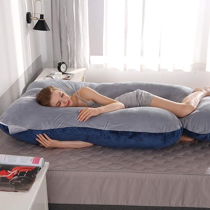 U-Shaped Full Body Pregnancy Pillow for Sleeping – 57" Maternity Pillow with Removable Cover, Support for Back, Legs, Belly & Hips (Velvet-Blue and Grey)