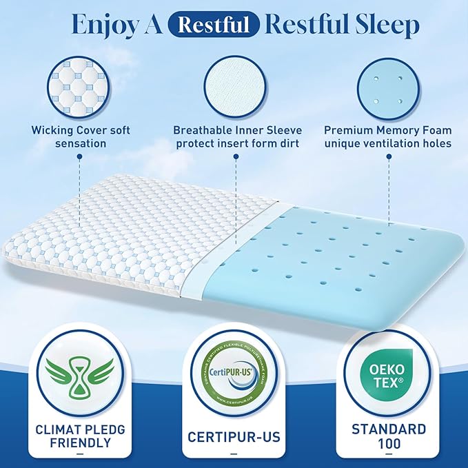 CloudBliss Thin Pillow 2.75” for Stomach & Back Sleepers – Ultra Slim Memory Foam Flat Pillow for Sleeping, Low Profile, Supports Cervical Neck Alignment, Reversible 2-Sided Breathable Cover, Standard
