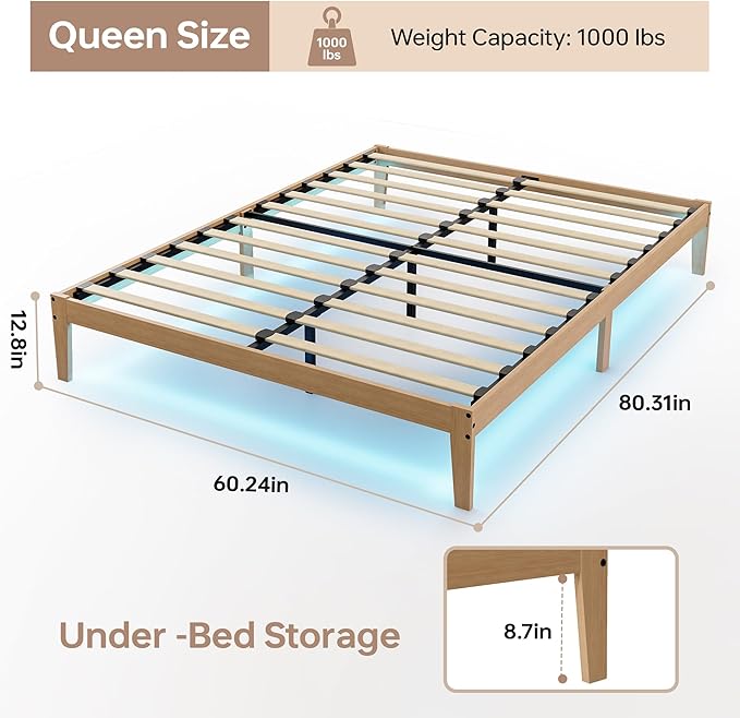 Tyndall Queen Size Bed Frame with LED Lights, 12 Inch Solid Wood Platform Bed Frame with Under Bed Storage, Wooden Slats Support, Natural Finish, No Box Spring Needed, Noise Free, Easy Assembly