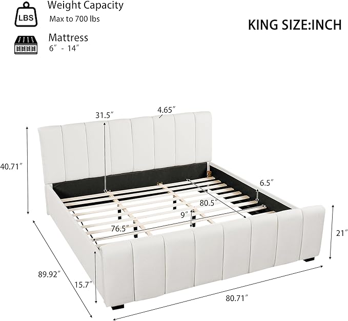 Merax King Size Upholstered Platform Bed with Thick Headboard and Footboard, Block Style Linen Fabric Bed Frame with Solid Wood Legs, Beige