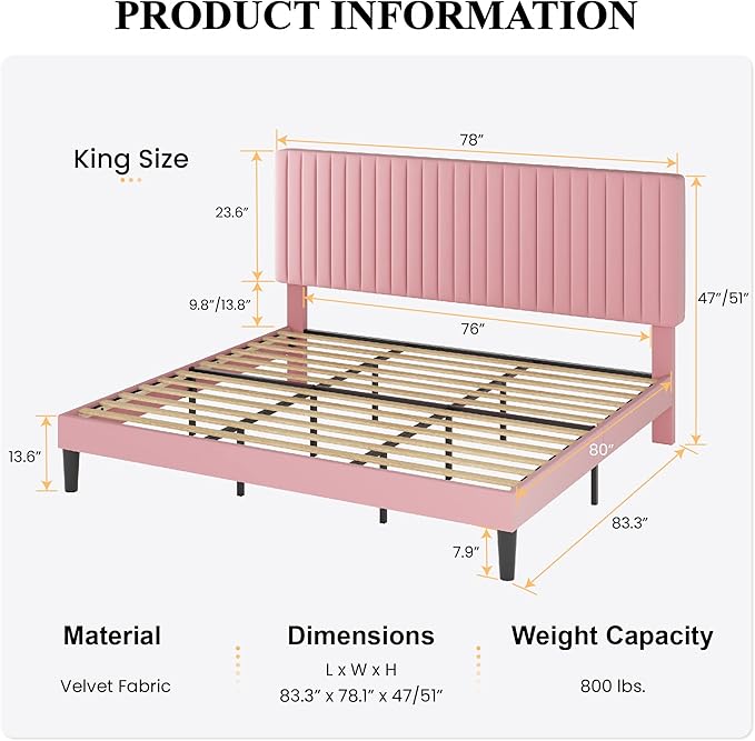 SHA CERLIN King Upholstered Platform Bed Frame with Adjustable Headboard/Vertical Channel Tufted Velvet Fabric/Wooden Slats Support/Mattress Foundation/Box Spring Optional/Pink