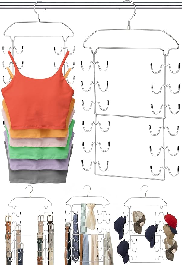 2 Pack Tank Top Hanger Space Saving, 360° Rotating Closet Organizers and Storage, 6 Tier Metal Bra Organizer with 24 Hanging Hooks, Small Space Solutions, RV Apartment College Dorm Room Essentials