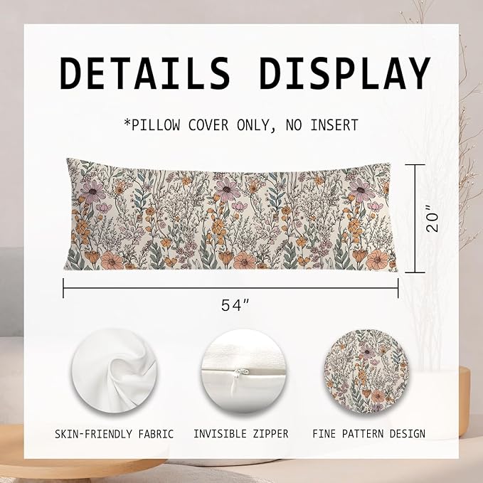 Vintage Boho Floral 20x54 Body Pillow Cover, Cottagecore Room Decor, Retro Rustic Cottagecore Flowers Aesthetic Decorative Long Body Pillow Cases for Bed Couch