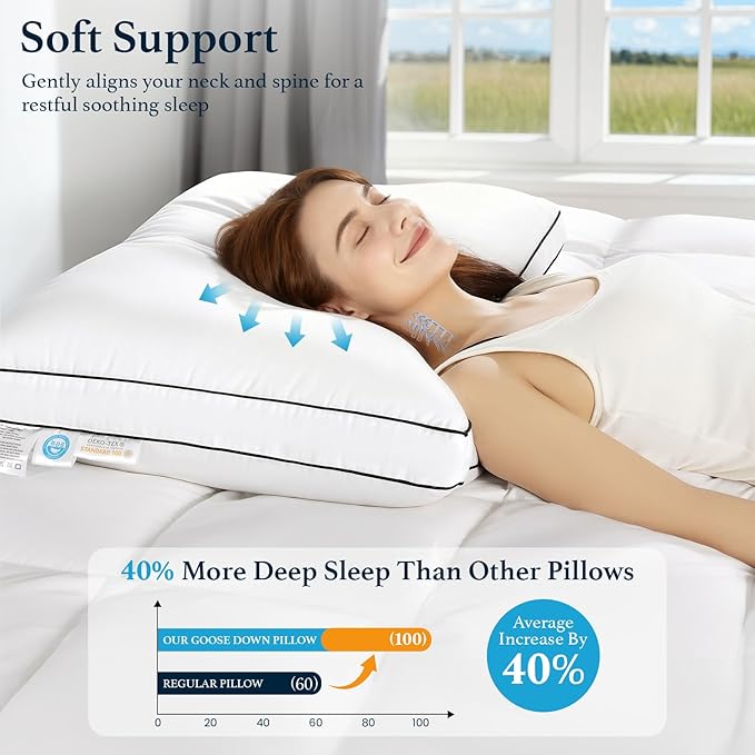 RDS Certified Goose Feather & Down Pillows, 3-Chamber Gusseted Design for Balanced Neck Support, 100% Cotton Cover, Hotel Style Bed Pillow for Side and Back Sleepers | Queen Size Set of 2, 20" x 30"