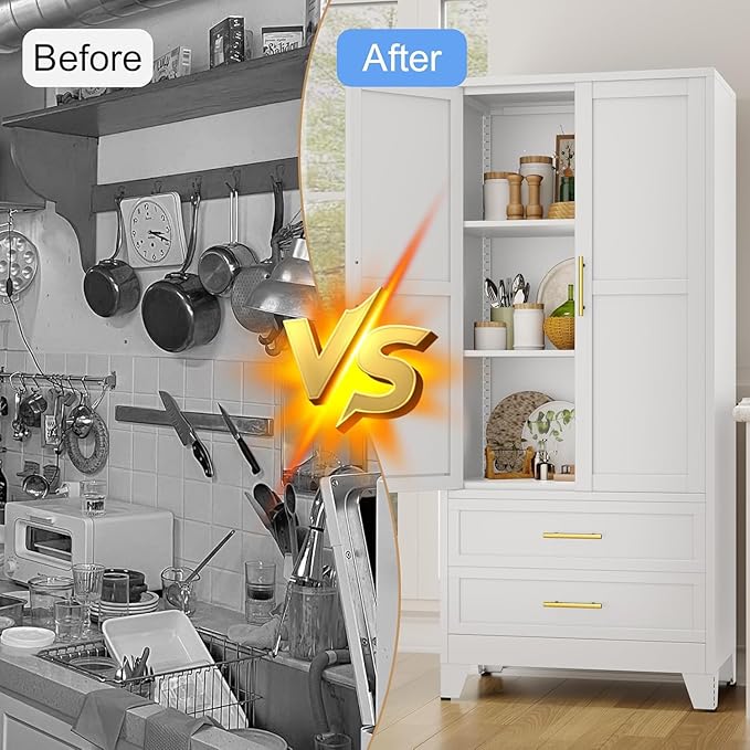erosoei 71" H Metal Pantry Storage Cabinet,Office File Cabinets with 2 Drawers and Shelves, Kitchen Cupboard Storage Cabinet for Bedroom and Dinning Room（White）