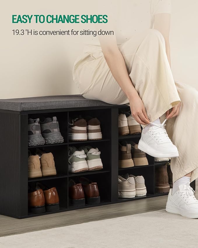 Hzuaneri Shoe Bench with Cushion, Entryway Storage Bench with 12 Cubbies, Cubby Shoe Rack with Adjustable Shelves, Shoe Organizer Cabinet for Living Room, Bedroom, Entryway, Black SB19004GY