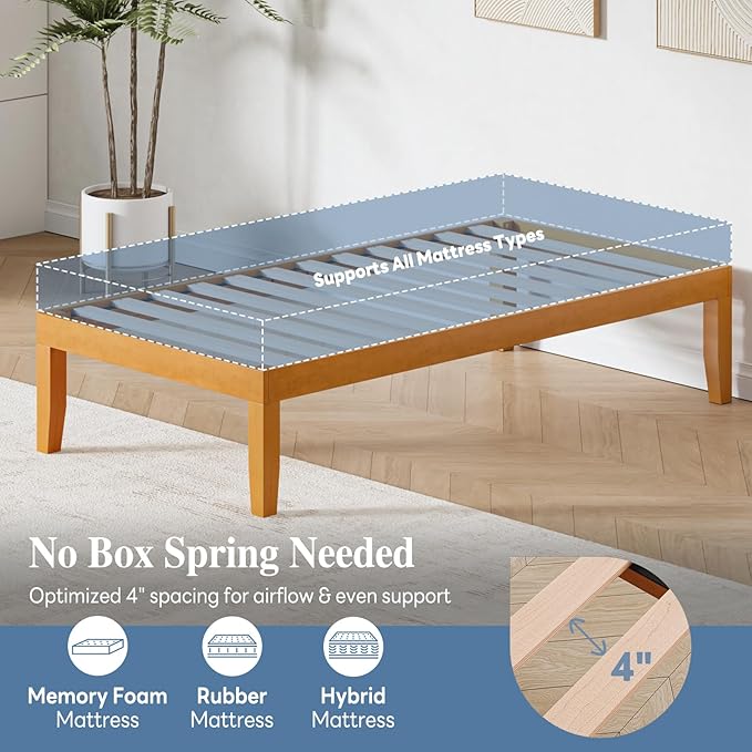 DUMOS Twin Size Solid Wood Bed Frame 16 Inches, Sturdy Platform Bed with Heavy Duty Wood Slat Support, No Box Spring Needed, Easy Assembly, Natural Pine