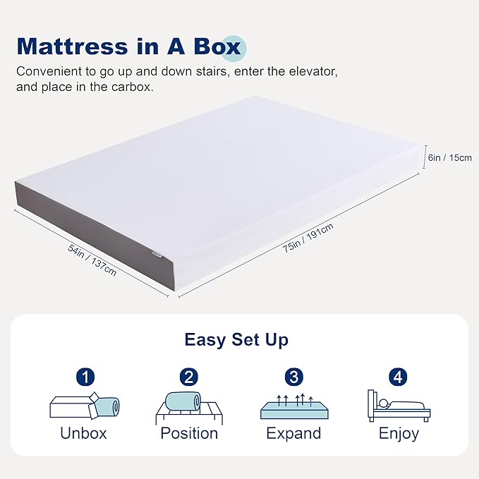 Amazon Basics Gel Memory Foam Mattress, Soft Plush Feel, Breathable Premium Knitted Fabrics, Removable Cover, Easy Set Up, 6 Inch, Full, White/Grey