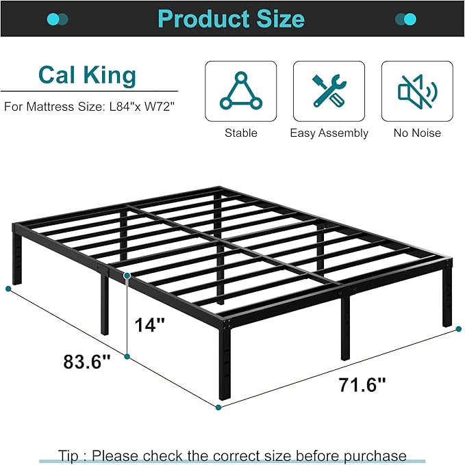 Maenizi California King Bed Frames No Box Spring Needed, 14 Inch Heavy Duty Metal Platform Support Up to 3000 lbs with Steel Slat, Easy Assembly, Noise Free, Black