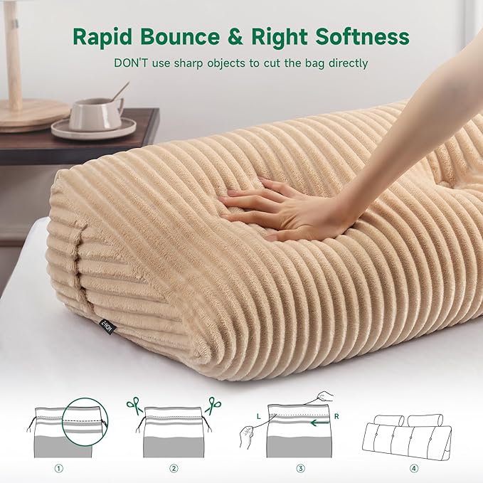 Z-hom Large Wedge Pillow Headboard, Queen Triangular Headboard Pillow, Reading Pillow Bed with a Roll Pillow for Bed Sitting Up Sleeping, Backrest Cushion Headboard Gap Pillow for Back,Beige