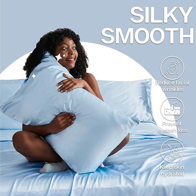 MR&HM Satin Pillowcase for Hair and Skin, Silk Satin Pillowcase 2 Pack, Standard Size Pillow Cases Set of 2, Silky Pillow Cover with Envelope Closure (20x26, Light Blue)