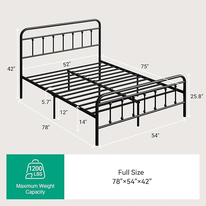 Novilla Metal Full Size Bed Frame - Modern Minimalist Victorian Style with Headboard/Footboard, Heavy-Duty Steel Slats/Underbed Storage/No Box Spring Needed/Easy Assembly/Noise Free/Black