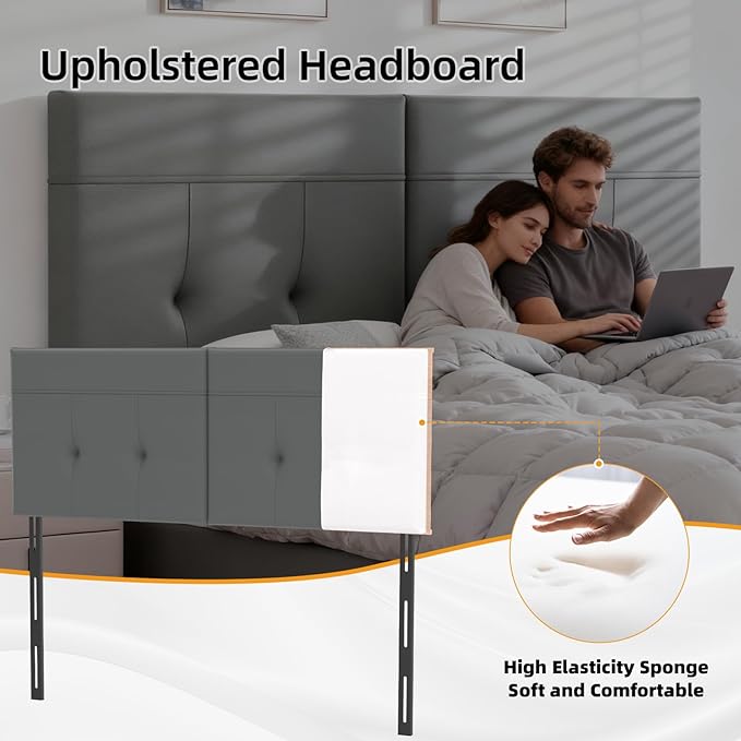 Queen Headboard Only with Adjustable Metal Legs, Faux Leather Upholstered Headboard Queen Size, Modern Stylish Headboard with Sunken Dot Design, Sturdy Bed Headboard for Bedroom, Gray