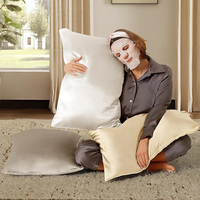BHZ Beige Satin Goose Down Feather Pillows Queen Size with Pillowcase for Hair and Skin, Cooling Pillow Cases Similar to Silk Pillow Cases, Decorative for Women, Mom Men