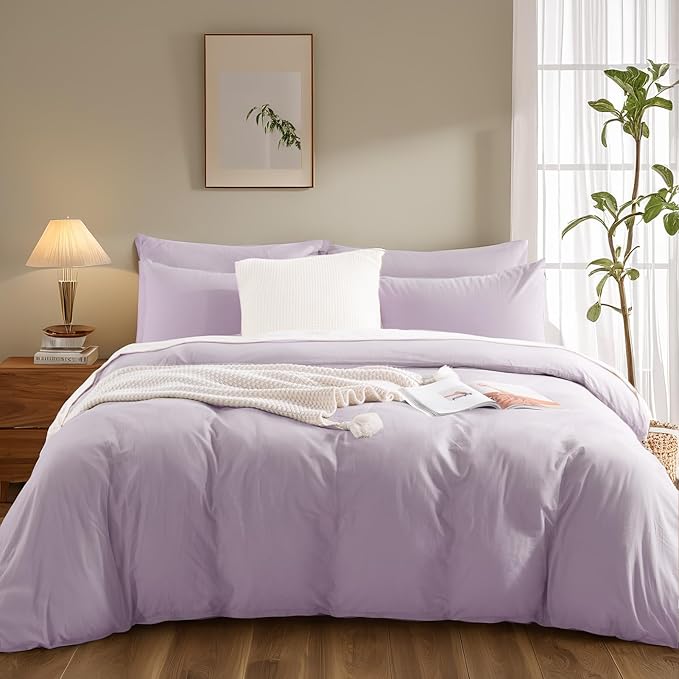 NEXHOME PRO Duvet Cover Set King Size Linen Feel Textured Organic Natural 100% Washed Cotton Duvet Cover Purple Lavender Lilac 3 Pieces Bedding Set with Zipper Closure, Breathable (No Comforter)