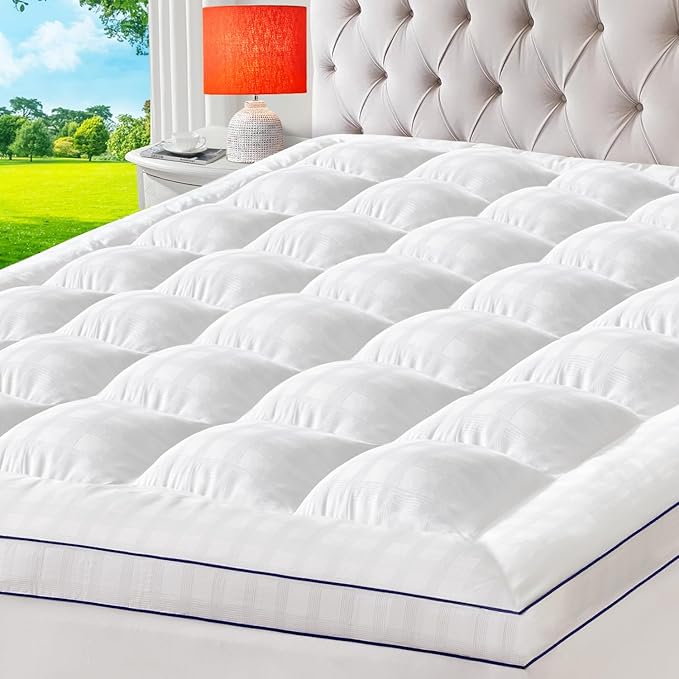 ELEMUSE Queen Cooling Mattress Topper, Extra Thick 1300gsm Mattress Pad for Back Pain Relief, Plush 500TC Cotton Pillow Top with Deep Pocket, Overfilled with Mixed Advansa Down Alternative Filling