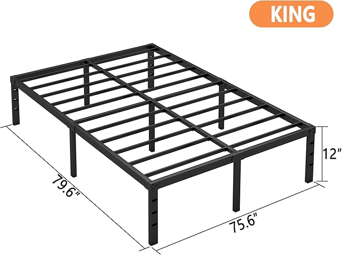 Hafenpo 12 Inch King Bed Frame -Sturdy Metal Platform King Size, No Box Spring Needed, Heavy Duty, Easy Assembly, Strong Bearing Capacity, Under Bed Storage, Black