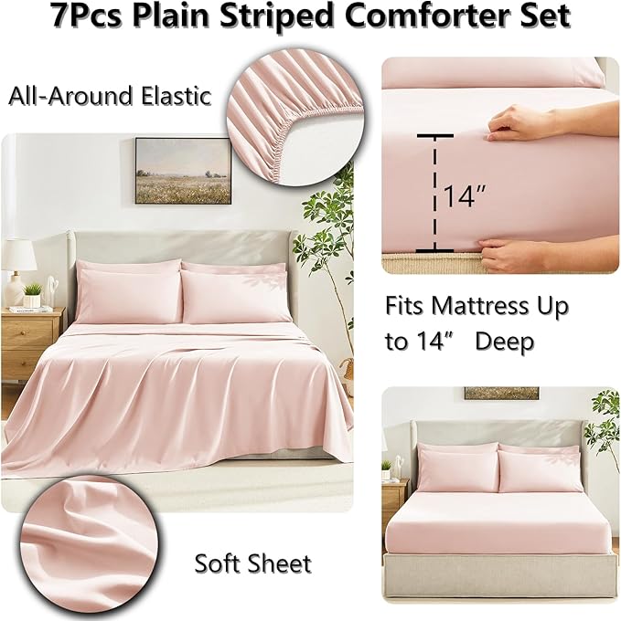 CozyLux Queen Comforter Set Blush Pink, 7 Pieces Bed in a Bag, Pink Comforters Queen Size, All Season Bedding Sets with Stitch Quilted Comforter, Flat Sheet, Fitted Sheet, Pillowcases