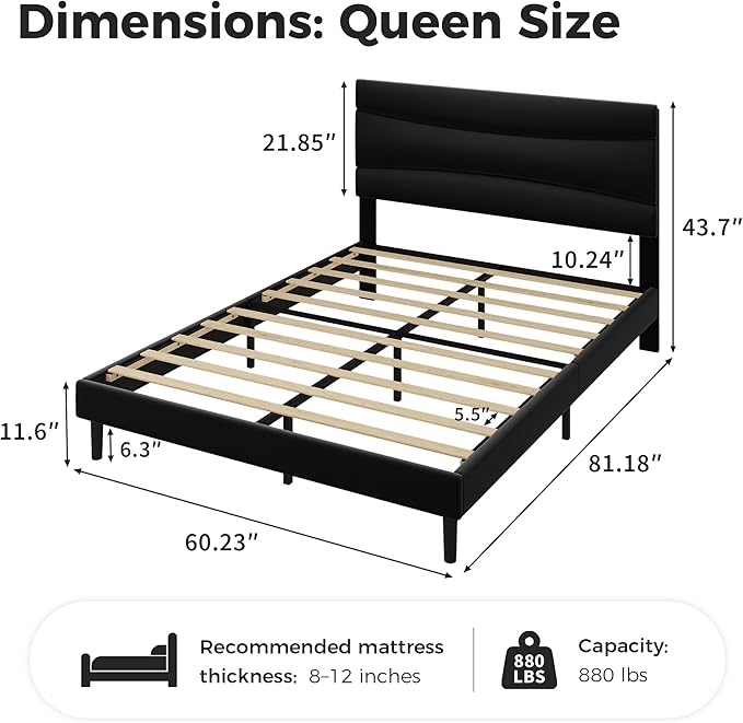 GarveeHome Queen Modern Upholstered Bed Frame with Soft Padded Headboard,Sturdy Metal Steel Slat Support, Noise-Free Quiet Design,Easy Assembly,Heavy Duty Stable Bed Frame(Black)