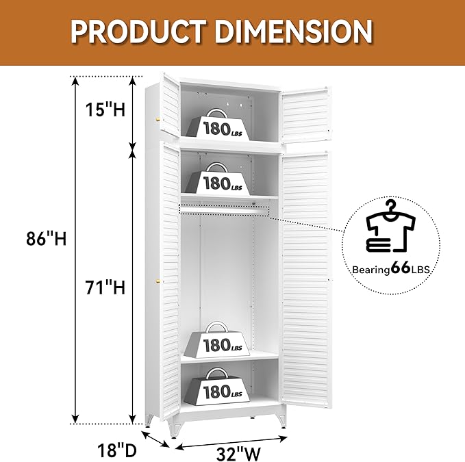 Polup Metal Armoire Wardrobe Closet, 86" Tall Wardrobe Armoire with Hanging Rod, Almirah for Clothes with Doors, 18" D x 32" W x 86" H, White, Assemble Required, Shipped in Two Packages