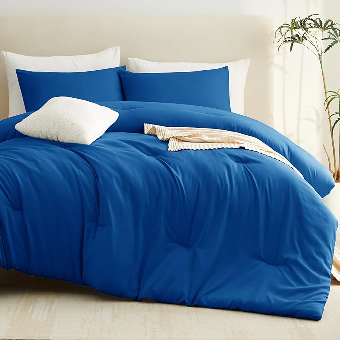 CozyLux Full Size Comforter Set Classic Blue, 3 Pieces Solid Breathable Quilted Bedding Sets, Luxury Lightweight Soft Bed Set with Down Alternative Comforter and 2 Pillowcases for All Seasons