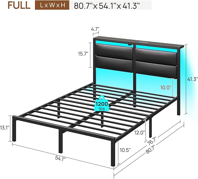 Rolanstar Full Size Bed Frame with Charging Station, LED Full Bed Frame with Upholstered Storage Headboard, Platform Bed with Metal Slats & Under Bed Storage, No Box Spring Needed, Noise Free, Black