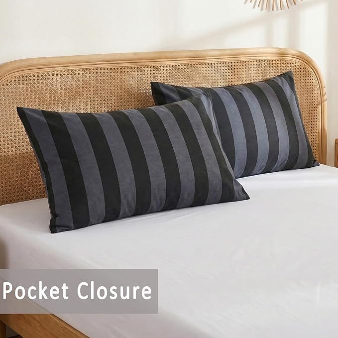 Merryword Queen Size Pillowcases, 100% Cotton Pillow Cases, Black and Gray Striped Pillowcases, Luxury Linen Like Pillowcase, Soft Breathable Wide Stripe Pillow Covers, Set of 2