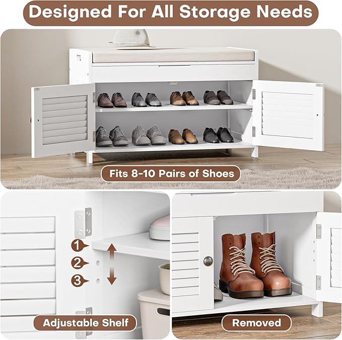 WARMHONIU Shoe Storage Bench with Lift Top Storage, Entryway Bench with Cushioned Seat, Adjustable Shelf, 2 Tier Shoe Rack with Doors for Entryway, Bedroom, Hallway, Mudroom, White