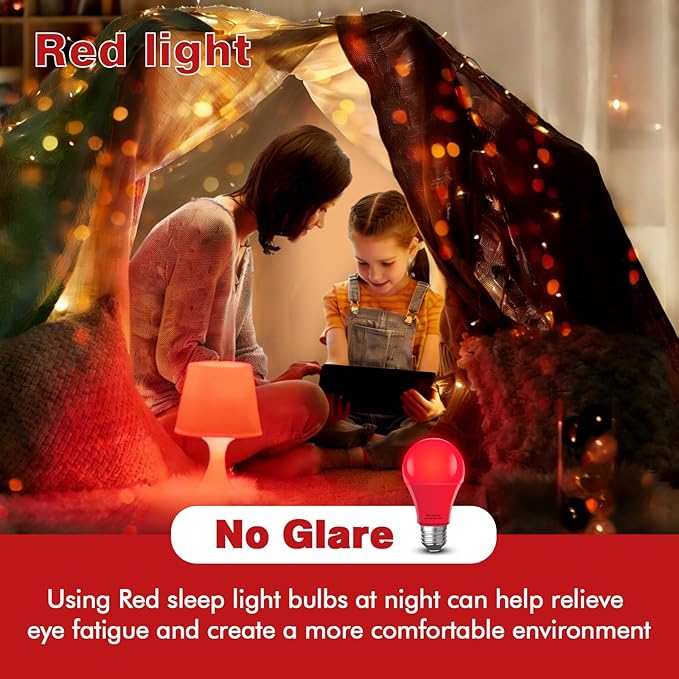Red Sleep Light Bulb 2 Pack，Red Light Bulbs for Healthy Sleep,Blue Light Blocking,A19 9W(60W Equivalent) E26 Base Night Light for Bedroom, Baby Nursery Room