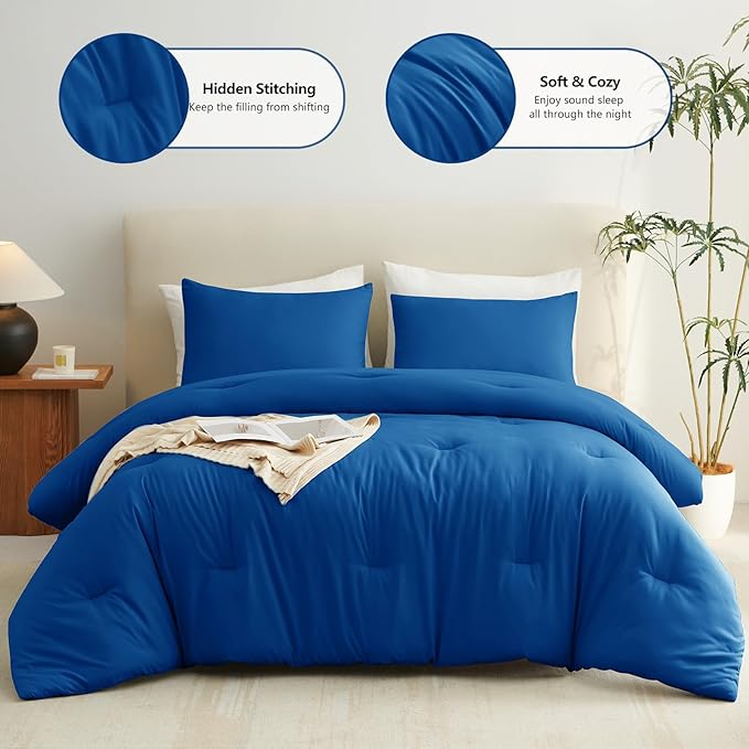 CozyLux Queen Comforter Set Classic Blue, 3 Pieces Solid Comforters Queen Size Breathable Bedding Sets, Luxury Soft Lightweight Bed Set with Down Alternative Comforter and 2 Pillowcases All Seasons