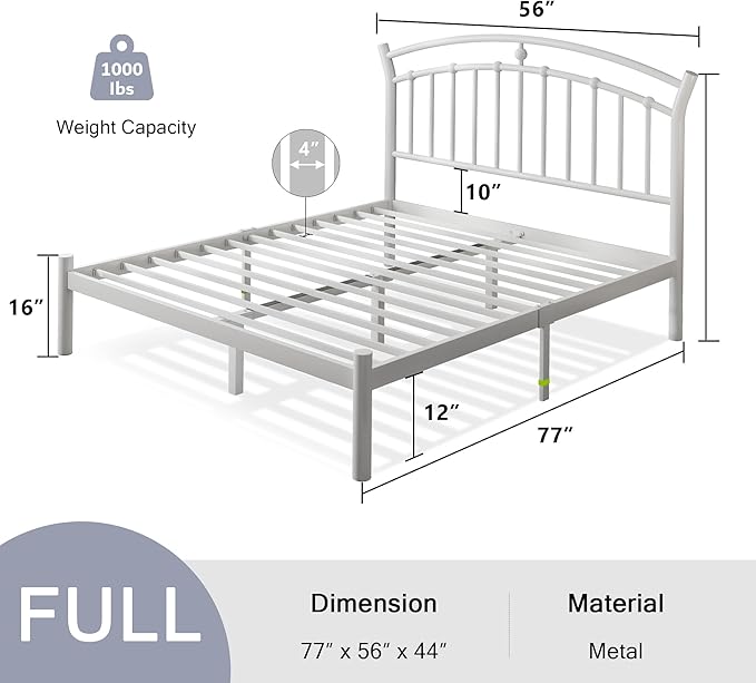 Einhomn Full Size Bed Frame, White Metal Bed Frame with 12" Under-Bed Storage, Heavy Duty Steel Slat Support, No Box Spring Needed, Noise-Free, Easy Assembly