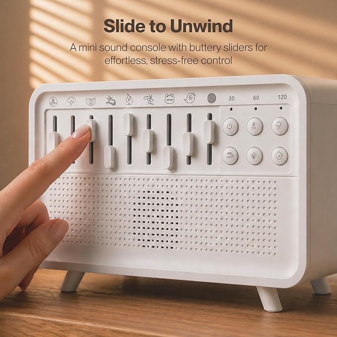 White Noise Machine with 8 Mixable Nature Sounds, Flame Light & Aroma Diffuser – Desktop Sound Machine for Sleep, Office, Yoga & Meditation, with Timer, Bluetooth & USB Power