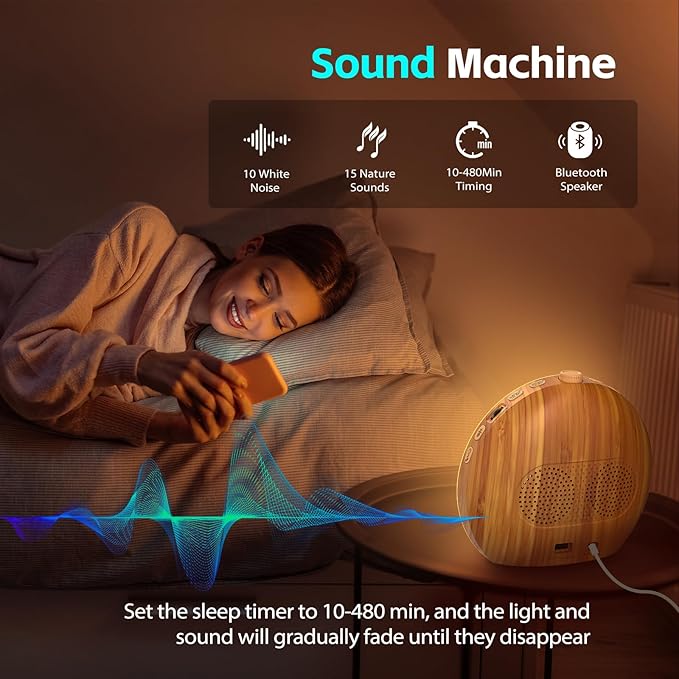Geuuap Wood Grain White Noise Sound Machine Sunrise Alarm Clock with 25 Soothing Sounds, 17 Dimmable Night Lights, Bluetooth Speaker Wake Up Light alarm clocks for bedrooms, Heavy Sleepers, Baby, Kids