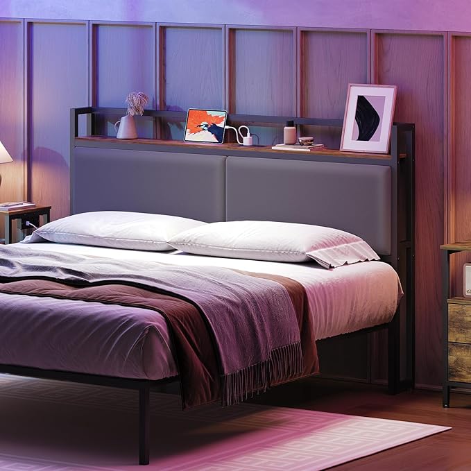 YATINEY Queen Size Headboard with Storage Shelves, Upholstered Headboard with Charging Station, Height Adjustable, Sturdy and Stable, Vintage Style, Rustic Brown, Gray and Black