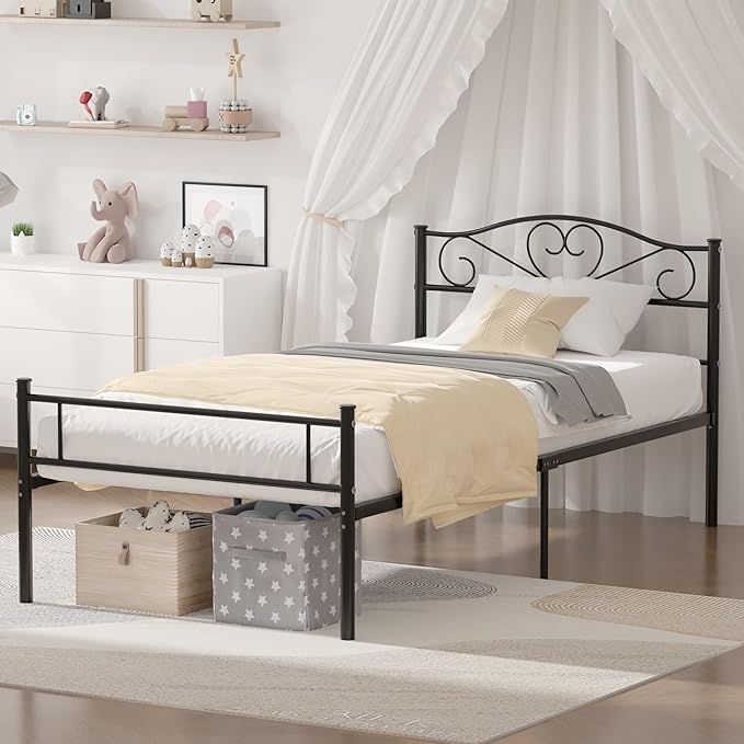 VECELO Metal Platform Bed Frame with Headboard & Footboard, Steel Slats Mattress Foundation, No Box Spring Needed, Twin, Matte Black
