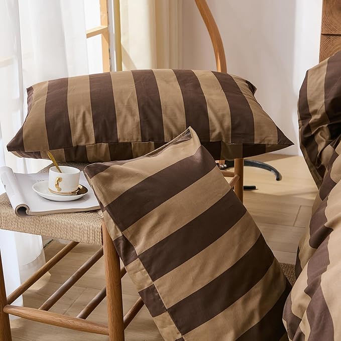 Merryword Standard Size Pillowcases, 100% Cotton Pillow Cases, Brown and Khaki Striped Pillowcases, Soft Breathable Wide Stripes Pillow Covers, Set of 2