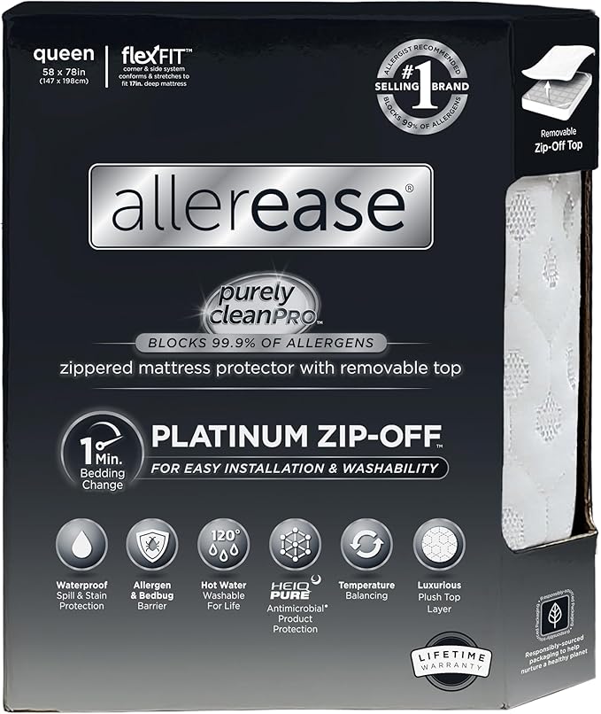 AllerEase Platinum Zip-Off Top Waterproof Mattress Protector Queen 360 Degree Zipper Particle Barrier Temperature Balancing Luxurious Plush Top Separately Machine Washable Mattress Cover (White)