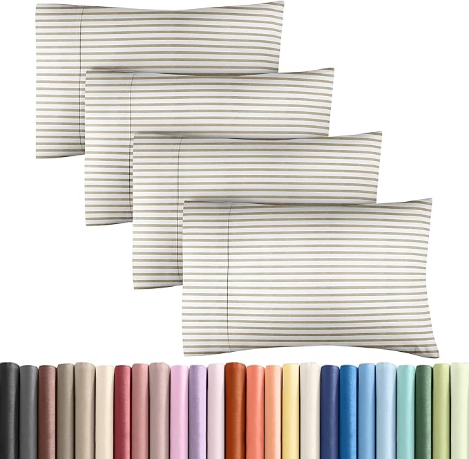 King Pillow Cases Set of 4 - Ultra Soft Hotel Quality Pillowcase Covers - Comfy, Cozy & Wrinkle Free - Shrinkage and Fade Resistant - Machine Washable Pillow Protectors - 4 Piece Set - Beige Stripes 2